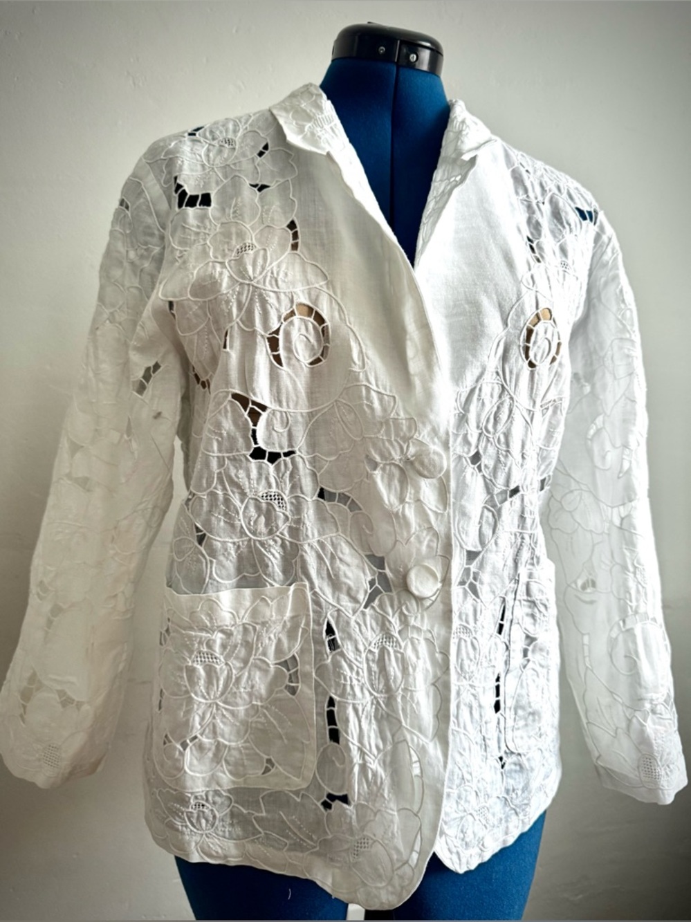 White Floral Cutwork Linen Jacket